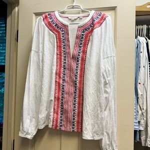 Boden - White Relaxed Fit Long Sleeve Split V Neck Embroidered Front Blouse